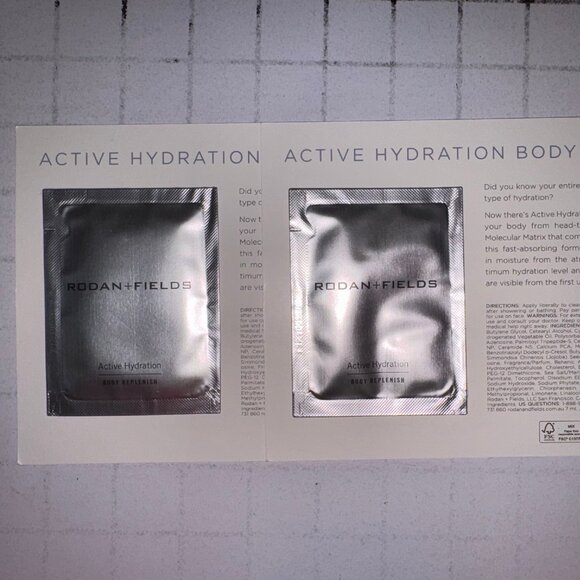 2x RODAN + FIELDS ACTIVE HYDRATION BODY REPLENISH 2x 1 PACKET SAMPLE CARDS - Picture 1 of 2